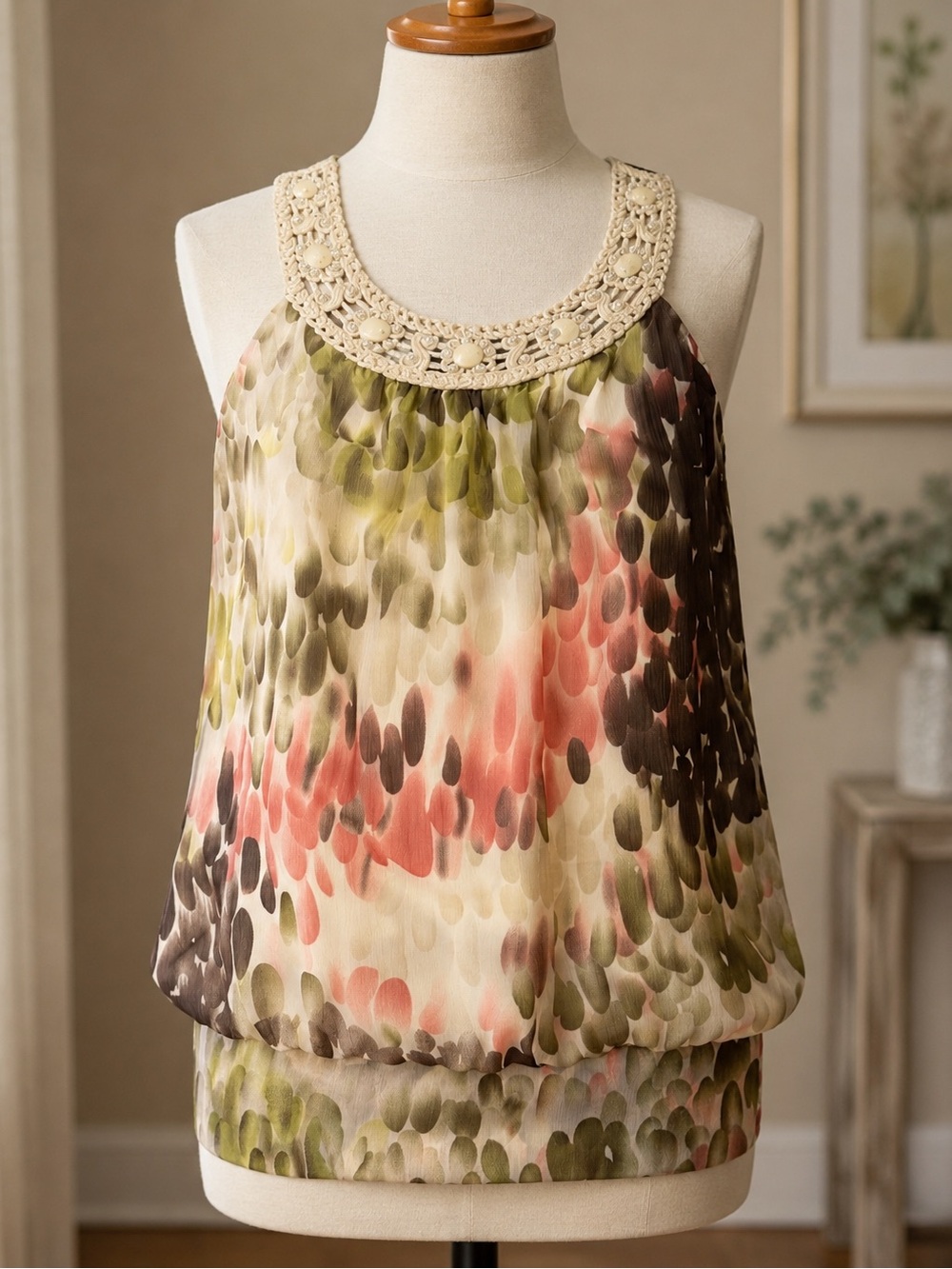Bwear Crochet-Neck Blouson Tank in Olive, Coral, and Chocolate